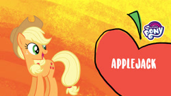 Size: 1657x931 | Tagged: safe, derpibooru import, applejack, earth pony, pony, g4, abstract background, apple, applejack month, cutie mark, facebook, female, food, mare, my little pony logo, official, solo, text, wallpaper