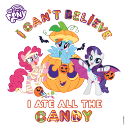 Size: 1241x1242 | Tagged: safe, derpibooru import, pinkie pie, rainbow dash, rarity, bat, earth pony, pegasus, pony, unicorn, g4, bat wings, bipedal, bucket, candy, clothes, costume, cute, cute little fangs, facebook, fangs, female, food, halloween, holiday, jack-o-lantern, jewelry, mare, mummy costume, my little pony logo, necklace, official, pumpkin, simple background, trio, trio female, white background, wings