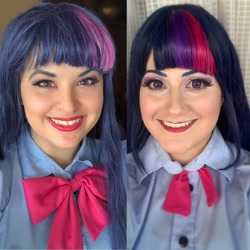 Size: 2048x2048 | Tagged: safe, artist:sarahndipity cosplay, artist:shelbeanie, derpibooru import, twilight sparkle, human, equestria girls, clothes, cosplay, costume, eyeshadow, grin, irl, irl human, makeup, photo, smiling, twolight