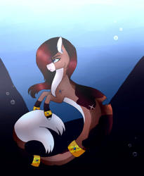 Size: 1024x1247 | Tagged: safe, artist:xxxcherrypauxxx, derpibooru import, oc, oc only, merpony, seapony (g4), blue eyes, bubble, crepuscular rays, dorsal fin, female, fish tail, flowing mane, flowing tail, jewelry, ocean, red mane, solo, sunlight, swimming, tail, underwater, water