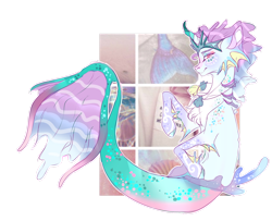 Size: 1600x1297 | Tagged: safe, artist:oashoxxo, derpibooru import, oc, oc only, merpony, seapony (g4), chest fluff, colored pupils, crown, custom, fins, fish tail, flowing tail, irl, jewelry, looking at you, male, mermaid tail, necklace, photo, pink eyes, purple mane, regalia, seashell necklace, simple background, smiling, solo, tail, toy, transparent background