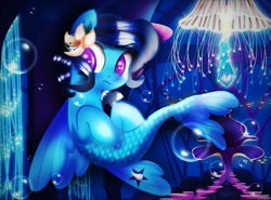 Size: 975x720 | Tagged: safe, artist:galaxysultan, derpibooru import, oc, oc only, jellyfish, pegasus, pony, seapony (g4), blue mane, bubble, dorsal fin, female, fin wings, fish tail, flower, flower in hair, flowing tail, glow, ocean, purple eyes, seaponified, seaquestria, solo, species swap, swimming, tail, throne, throne room, underwater, water, wings