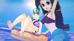 Size: 1366x768 | Tagged: source needed, safe, artist:hornydogo, derpibooru import, coco pommel, rarity, equestria girls, 3d, barefoot, beach, bikini, clothes, feet, inner tube, koikatsu, midriff, swimsuit