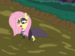 Size: 1600x1200 | Tagged: safe, artist:amateur-draw, derpibooru import, fluttershy, pegasus, pony, clothes, dress, female, fluttergoth, gothic, mare, mud, mud bath, mud play, muddy, night, show accurate, solo, wet and messy