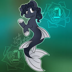 Size: 1024x1024 | Tagged: safe, artist:rosexknight, derpibooru import, edit, oc, oc only, earth pony, merpony, pony, seapony (g4), brown eyes, commission, dorsal fin, fins, fish tail, flowing tail, green background, logo, logo edit, seaponified, signature, simple background, smiling, solo, species swap, tail