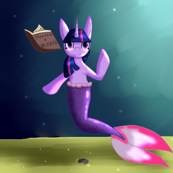 Size: 2449x2449 | Tagged: safe, artist:whisperingblue, derpibooru import, twilight sparkle, merpony, unicorn, book, bubble, crepuscular rays, female, fish tail, flowing tail, horn, looking at you, mermaid tail, purple eyes, sand, seaponified, seapony twilight, smiling, solo, species swap, sunlight, tail, underwater, water