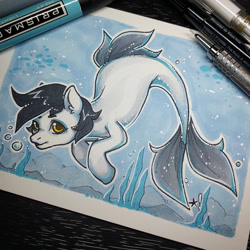 Size: 1280x1280 | Tagged: safe, artist:starsheepsweaters, derpibooru import, oc, oc only, merpony, seapony (g4), bubble, dorsal fin, fish tail, flowing tail, golden eyes, looking at you, ocean, photo, seaweed, solo, swimming, tail, traditional art, underwater, water