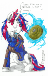Size: 911x1426 | Tagged: safe, artist:porcelain eyepiece, derpibooru import, mina, oc, oc:snowi, unicorn, fallout equestria, biohazard, biohazard sign, blue hair, clothes, fallout, female, full body, hooves, horn, landmine, magic, magic aura, mare, red and blue, red eyes, red hair, sitting, tail, thinking, this will end in death, this will not end well, traditional art, vault security armor, vault suit, white pony