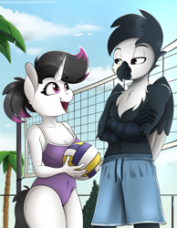 Size: 2480x3200 | Tagged: safe, artist:felixf, derpibooru import, oc, oc only, oc:hazel radiate, anthro, griffon, unicorn, anthro oc, belly button, clothes, commission, commissioner:biohazard, crossed arms, duo, eye contact, eyebrows, eyelashes, female, griffon oc, high res, highlights, holding, horn, looking at each other, male, mare, open mouth, ponytail, sports, swimming trunks, swimsuit, unicorn oc, volleyball, volleyball net, ych result