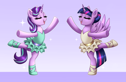 Size: 7665x5000 | Tagged: safe, artist:confetticakez, derpibooru import, starlight glimmer, twilight sparkle, twilight sparkle (alicorn), alicorn, pony, unicorn, ballerina, ballet, ballet shoes, ballet slippers, commission, duo, duo female, eyes closed, female, glimmerina, gradient background, mare, open mouth, open smile, patreon, patreon reward, purple background, simple background, smiling, standing, standing on one leg, tutu, twilarina, your character here