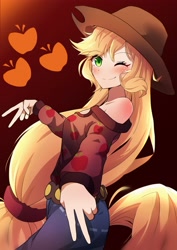 Size: 2894x4093 | Tagged: safe, artist:erufi, derpibooru import, applejack, human, blushing, cute, floating heart, heart, humanized, jackabetes, looking at you, one eye closed, smiling, solo, wink, winking at you