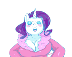 Size: 1178x940 | Tagged: safe, artist:breezietype, derpibooru import, rarity, anthro, unicorn, big breasts, blushing, breasts, bust, cleavage, eyes closed, eyeshadow, female, makeup, mare, open mouth, raritits, simple background, solo, white background