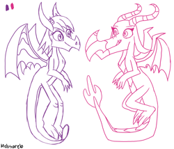 Size: 1750x1500 | Tagged: safe, artist:melisareb, derpibooru import, ballista, prominence, dragon, 1000 hours in ms paint, dragoness, duo, fangs, female, flying, horns, looking at each other, simple background, white background, wings, wip