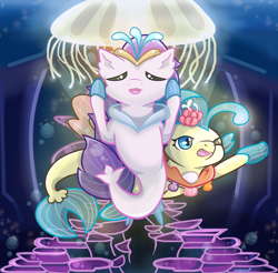 Size: 1728x1701 | Tagged: safe, artist:kingkero, derpibooru import, princess skystar, queen novo, jellyfish, seapony (g4), my little pony: the movie, bioluminescent, blue mane, bubble, chibi, collar, crepuscular rays, crown, deviantart watermark, dorsal fin, eyes closed, female, fin wings, fins, fish tail, flower, flower in hair, flowing tail, glow, jewelry, necklace, obtrusive watermark, ocean, one eye closed, open mouth, open smile, pearl necklace, purple mane, regalia, seaquestria, seashell necklace, smiling, swimming, tail, throne room, underwater, water, watermark, wings