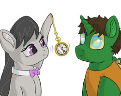 Size: 800x637 | Tagged: safe, artist:ukulelepineapplecat, derpibooru import, octavia melody, oc, oc:frost d. tart, earth pony, pony, unicorn, bowtie, clothes, duo, eyelashes, female, hoof hold, horn, hypnosis, mare, pendulum swing, pocket watch, simple background, swirly eyes, unicorn oc, white background