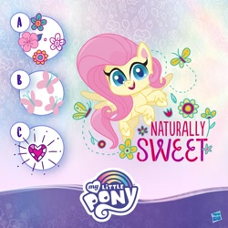 Size: 1080x1080 | Tagged: safe, derpibooru import, fluttershy, butterfly, pegasus, pony, my little pony: pony life, abstract background, cutie mark, facebook, female, flower, hasbro logo, heart, mare, my little pony logo, official, text