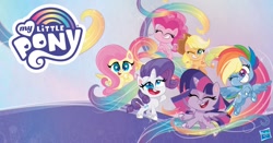 Size: 1200x630 | Tagged: safe, derpibooru import, applejack, fluttershy, pinkie pie, rainbow dash, rarity, twilight sparkle, twilight sparkle (alicorn), alicorn, earth pony, pegasus, pony, unicorn, my little pony: pony life, abstract background, facebook, female, hasbro logo, mane six, mare, my little pony logo, official