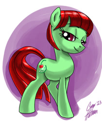 Size: 1100x1312 | Tagged: safe, artist:ceehoff, derpibooru import, oc, oc only, oc:cherry limeade, earth pony, pony, abstract background, bedroom eyes, earth pony oc, eyelashes, female, mare, signature