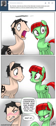 Size: 645x1440 | Tagged: safe, artist:ceehoff, derpibooru import, oc, oc:cherry limeade, oc:connor, earth pony, pony, ask, bedroom eyes, dialogue, earth pony oc, female, male, mare, open mouth, raised hoof, raised leg, signature, stallion, surprised