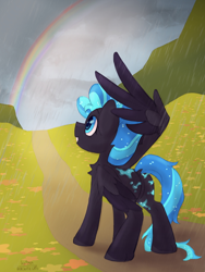 Size: 1628x2160 | Tagged: safe, artist:kotya, derpibooru import, oc, pegasus, pony, colored hooves, flower, rain, rainbow, smiling, solo, wings