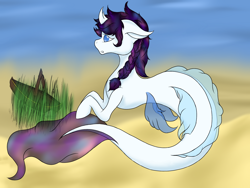 Size: 2048x1536 | Tagged: safe, artist:mako256, derpibooru import, oc, oc only, earth pony, merpony, pony, seapony (g4), blue eyes, dorsal fin, fins, fish tail, flowing tail, ocean, open mouth, purple mane, sand, seaweed, solo, swimming, tail, underwater, water