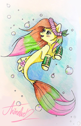 Size: 1691x2619 | Tagged: safe, artist:animelvr12, derpibooru import, oc, oc only, earth pony, merpony, pony, seapony (g4), blushing, bubble, colored pupils, dorsal fin, female, fish tail, flower, flower in hair, flowing mane, flowing tail, green eyes, open mouth, seaponified, signature, simple background, smiling, solo, species swap, swimming, tali'zorah vas normandy, teeth, underwater, water