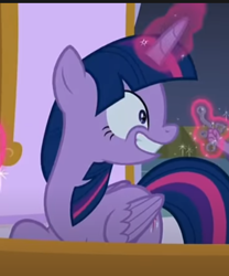 Size: 444x534 | Tagged: safe, derpibooru import, screencap, twilight sparkle, twilight sparkle (alicorn), alicorn, pony, between dark and dawn, crazy face, cropped, faic, glowing horn, grin, horn, smiling, solo