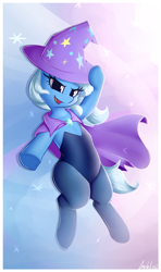 Size: 1248x2106 | Tagged: safe, artist:andelai, derpibooru import, trixie, semi-anthro, unicorn, cape, clothes, female, hat, hooves, leotard, mare, pantyhose, solo