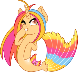 Size: 931x859 | Tagged: safe, artist:balrighty, derpibooru import, oc, oc only, pony, seapony (g4), unicorn, dorsal fin, female, fish tail, flowing tail, horn, multicolored hair, one eye closed, orange eyes, seaponified, simple background, smiling, solo, species swap, tail, teeth, transparent background, wink