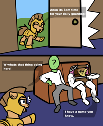 Size: 774x943 | Tagged: safe, artist:neuro, oc, oc only, oc:anon, oc:small fortune, earth pony, human, mimic, pony, 2 panel comic, armor, arms, blue eyes, buff, chest, comic, dialogue, ears, earth pony oc, female, floppy ears, guardsmare, helmet, hoof shoes, legs, mare, muscles, open mouth, pointing, royal guard, shrunken pupils