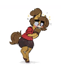 Size: 1148x1331 | Tagged: safe, artist:somefrigginnerd, oc, oc only, oc:pencil test, earth pony, pony, bipedal, blushing, clipboard, clothes, female, flustered, freckles, glasses, hair bun, holding, mare, shirt, simple background, skirt, smiling, solo, thick eyebrows, unshorn fetlocks, white background