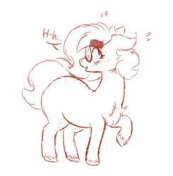 Size: 1000x1020 | Tagged: safe, artist:somefrigginnerd, oc, oc only, oc:pencil test, earth pony, pony, blushing, butt freckles, chest fluff, chubby, ears, female, floppy ears, freckles, glasses, mare, monochrome, open mouth, plump, raised hoof, raised leg, simple background, sketch, smiling, solo, speech bubble, thick eyebrows, unshorn fetlocks, white background
