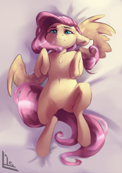 Size: 2510x3537 | Tagged: safe, artist:charlot, derpibooru import, fluttershy, pegasus, pony, blushing, cute, daaaaaaaaaaaw, digital art, drawing, ears, fanfic art, floppy ears, lying down, overhead view, shyabetes, solo