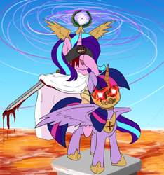 Size: 900x962 | Tagged: safe, artist:slamjam, derpibooru import, starlight glimmer, twilight sparkle, twilight sparkle (alicorn), alicorn, pony, unicorn, blindfold, blood, glowing eyes, mask, ponies riding ponies, riding, sword, weapon