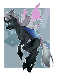 Size: 2300x3000 | Tagged: artist needed, safe, derpibooru exclusive, derpibooru import, oc, oc only, oc:identity crisis, changeling, changeling oc, commission, fangs, flying, simple background, smiling, solo, transparent background