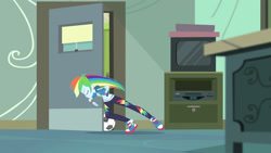 Size: 3410x1920 | Tagged: safe, derpibooru import, screencap, rainbow dash, better together, equestria girls, happily ever after party, happily ever after party: rainbow dash, chalkboard, clothes, converse, cutie mark, cutie mark on clothes, eyes closed, female, football, geode of super speed, hoodie, jewelry, magical geodes, necklace, shoes, sneakers, solo, sports, television