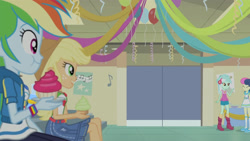 Size: 3410x1920 | Tagged: safe, derpibooru import, screencap, applejack, bon bon, lyra heartstrings, rainbow dash, sweetie drops, equestria girls, equestria girls series, happily ever after party, happily ever after party: applejack, adorabon, applejack's hat, aweeg*, belt, clothes, cowboy hat, cupcake, cute, cutie mark, cutie mark on clothes, dashabetes, denim skirt, eyes closed, female, food, geode of super speed, geode of super strength, hat, hoodie, jackabetes, jewelry, magical geodes, necklace, open mouth, shipping, skirt, smiling