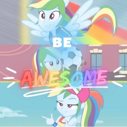 Size: 600x600 | Tagged: safe, derpibooru import, edit, edited screencap, editor:dashie.friends, screencap, rainbow dash, equestria girls, equestria girls (movie), equestria girls series, run to break free, spring breakdown, spoiler:eqg series (season 2), clothes, cutie mark, cutie mark on clothes, female, football, geode of super speed, hoodie, jewelry, magical geodes, necklace, ponied up, smiling, solo, sports, spread wings, wings