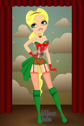 Size: 400x600 | Tagged: safe, artist:kinkei, derpibooru import, applejack, human, alternate hairstyle, boots, clothes, cloud, dolldivine, female, garter belt, gloves, hand on hip, humanized, makeup, shoes, socks, solo, stockings, thigh highs