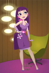 Size: 400x600 | Tagged: safe, artist:kinkei, derpibooru import, twilight sparkle, human, alternate hairstyle, chair, clothes, cutie mark, cutie mark on clothes, dolldivine, ear piercing, evening gloves, female, gloves, hand on hip, high heels, humanized, indoors, lipstick, long gloves, makeup, piercing, shoes, skirt, smiling, solo
