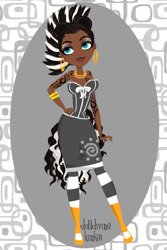 Size: 400x600 | Tagged: safe, artist:kinkei, derpibooru import, zecora, human, alternate hairstyle, bracelet, clothes, cutie mark, cutie mark on clothes, dark skin, dolldivine, ear piercing, earring, eyelashes, female, hand on hip, humanized, jewelry, makeup, mohawk, neck rings, piercing, skirt, socks, solo, striped socks