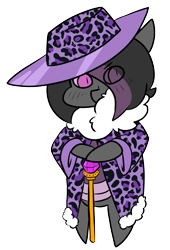 Size: 1511x2218 | Tagged: safe, artist:mimicryfluffoarts, derpibooru import, part of a set, oc, oc only, oc:mimicry, cane, clothes, female, fluffy, gem, hat, leopard print, mare, mimicry's silly doodles, pimp, purple changeling, shiftling