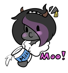 Size: 1131x1210 | Tagged: safe, artist:mimicryfluffoarts, derpibooru import, part of a set, oc, oc only, oc:mimicry, chibi, cow horns, ear tag, exploitable meme, female, fluffy, mare, meme, milk, mimicry's silly doodles, moomoocry-milkies, shiftling, spilled milk