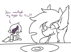 Size: 3000x2192 | Tagged: safe, artist:mimicryfluffoarts, derpibooru import, part of a set, oc, oc only, oc:mimicry, oc:zenaris blackmour, bat pony, bat pony oc, chibi, crying, eating, egg, female, how could you do such a horrible thing?, male, mare, mimicry's silly doodles, shiftling, stallion