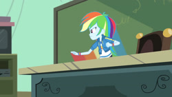 Size: 3410x1920 | Tagged: safe, derpibooru import, screencap, rainbow dash, better together, equestria girls, happily ever after party, happily ever after party: rainbow dash, chalkboard, clothes, cutie mark, cutie mark on clothes, female, geode of super speed, hoodie, jewelry, magical geodes, necklace, rainbow trail, solo, television