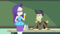 Size: 3410x1920 | Tagged: safe, derpibooru import, screencap, cranky doodle donkey, rarity, equestria girls, equestria girls series, happily ever after party, happily ever after party: rarity, bracelet, chalkboard, clothes, cutie mark, cutie mark on clothes, eyes closed, female, geode of shielding, glasses, hairpin, jewelry, lip bite, magical geodes, male, rarity peplum dress, rarity's glasses