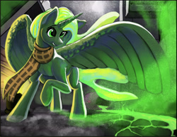 Size: 6006x4641 | Tagged: safe, artist:ultra-smurfmarine, derpibooru import, oc, oc:copy cat, alicorn, fallout equestria, alicorn oc, artificial alicorn, barrel, clothes, horn, scarf, wings