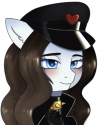 Size: 1723x2092 | Tagged: safe, artist:vaiola, derpibooru import, oc, oc only, oc:chocolate fudge, earth pony, pony, advertisement, bdsm, blushing, bust, clothes, collar, commission, ears, embarrassed, fetish, floppy ears, fluffy, hat, heart, latex, latex suit, military uniform, pet play, portrait, sexy, simple background, smiling, solo, spiked collar, uniform, uniform hat