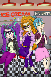 Size: 2300x3464 | Tagged: safe, artist:ewrrfb, derpibooru import, adagio dazzle, aria blaze, sonata dusk, human, equestria girls, 50's, 50's fashion, boots, candy, clothes, coca-cola, counter, diner, drinking, drinking straw, food, gloves, jacket, jewelry, leather jacket, neon, neon sign, pendant, pez dispenser, poodle skirt, shoes, smoothie, stool, straw, straw in mouth, text