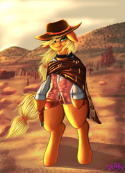 Size: 3245x4500 | Tagged: safe, artist:derpx1, derpibooru import, applejack, earth pony, semi-anthro, bipedal, clint eastwood, clothes, female, solo, the good the bad and the ugly, western